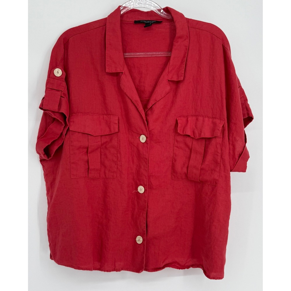 Marc New York Andrew Marc Red 100% Linen Utility Short Sleeve Button Down Sz XL